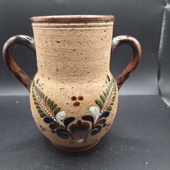 Handcrafted Signed Mexican Ceramic Vase Bird Floral Motif Double Handled Pottery - Picture 3 of 7